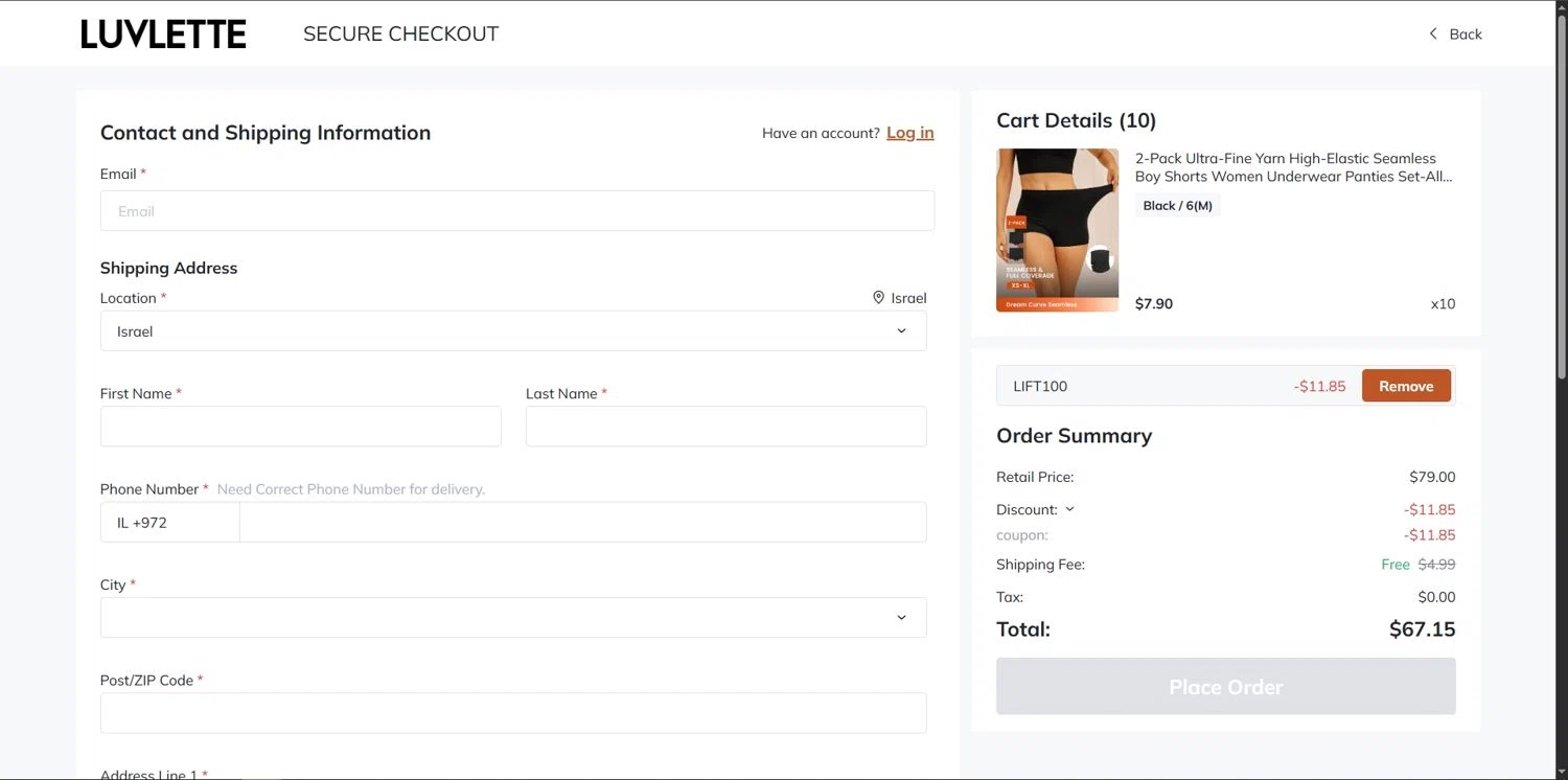 Luvlette promo code screenshot showing code LIFT100 applied at Luvlette checkout page. Uploaded by SimplyCodes community member Depressive on Mar 25, 2025