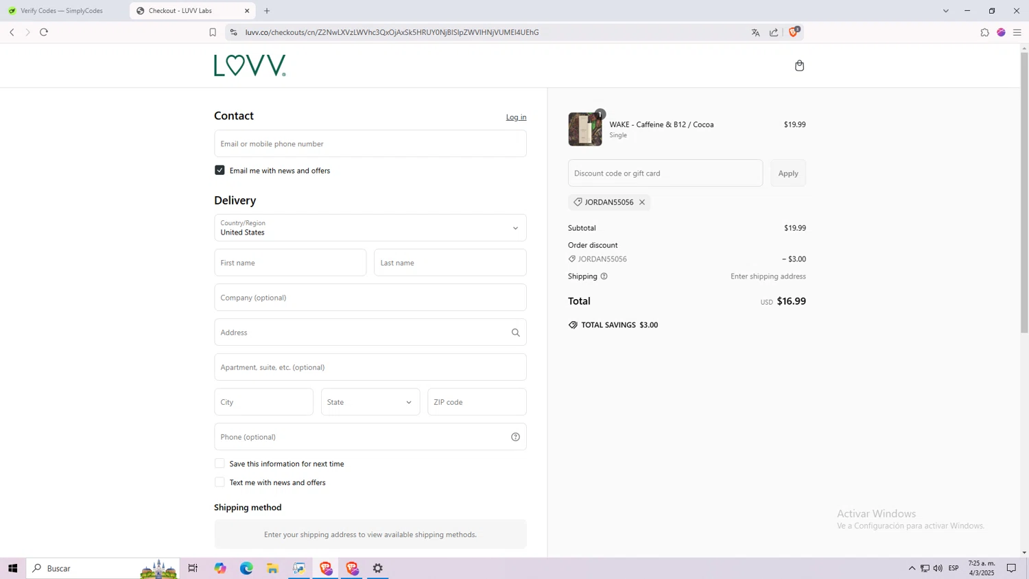 LUVV Labs discount code screenshot showing code JORDAN55056 applied at LUVV Labs checkout page. Uploaded by SimplyCodes community member kl455o on Mar 4, 2025
