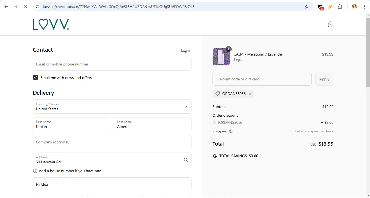 LUVV Labs discount code screenshot showing code JORDAN55056 applied at LUVV Labs checkout page. Uploaded by SimplyCodes community member LegendaryTitan9160 on Mar 4, 2025