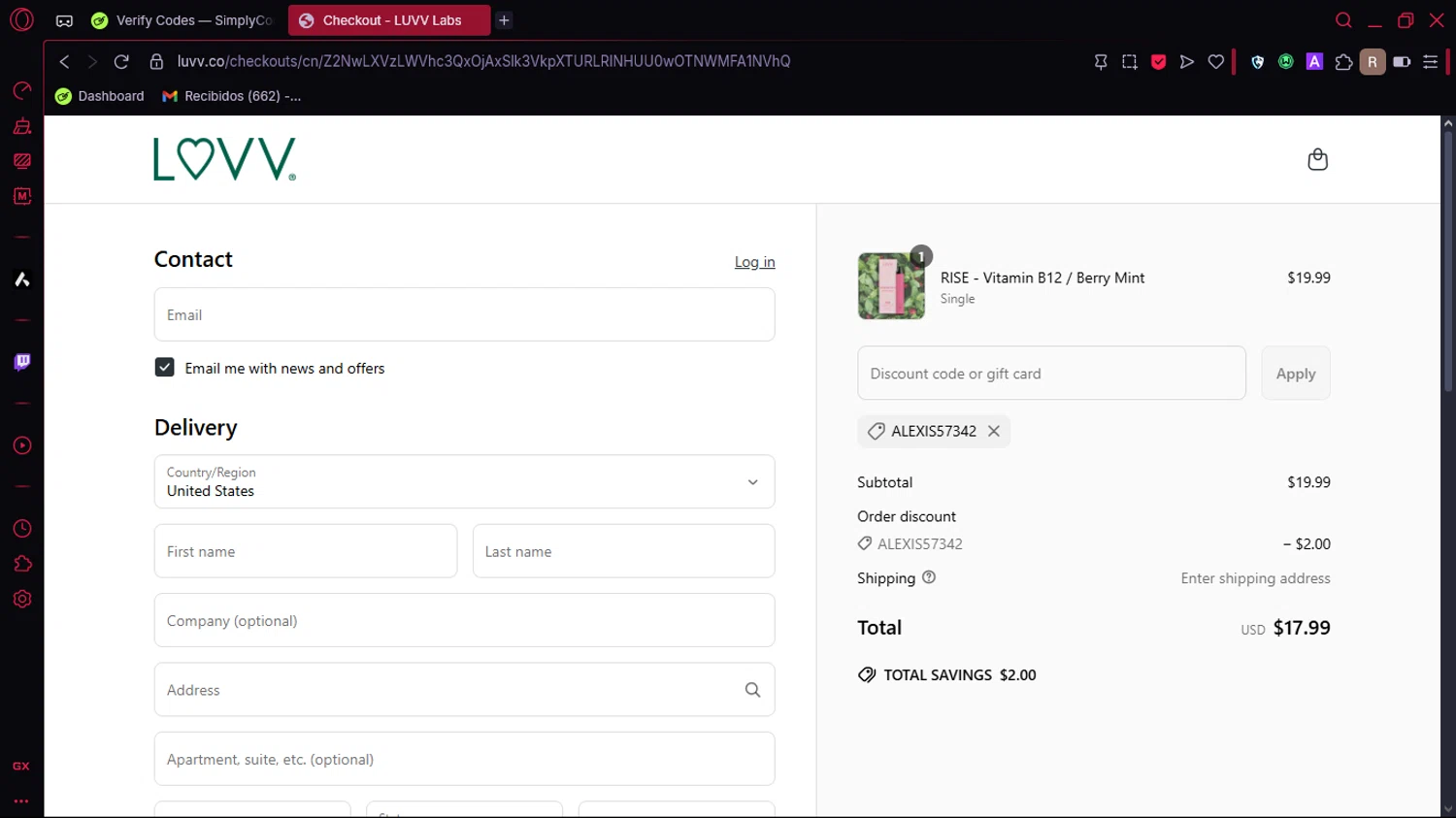LUVV Labs discount code screenshot showing code ALEXIS57342 applied at LUVV Labs checkout page. Uploaded by SimplyCodes community member Marole on Jun 20, 2025