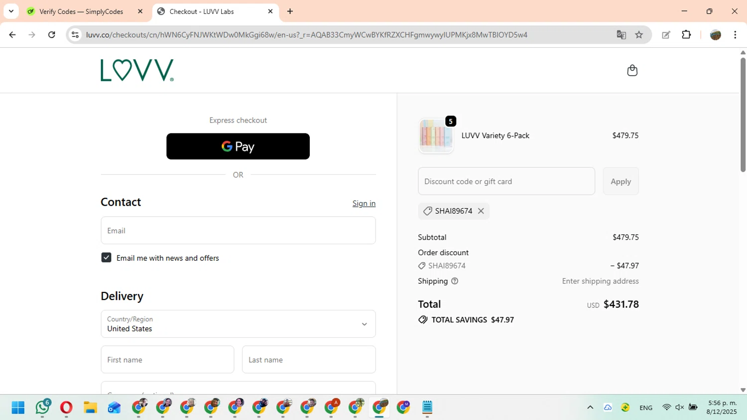 LUVV Labs discount code screenshot showing code SHAI89674 applied at LUVV Labs checkout page. Uploaded by SimplyCodes community member FundoEsperanza on Dec 8, 2025