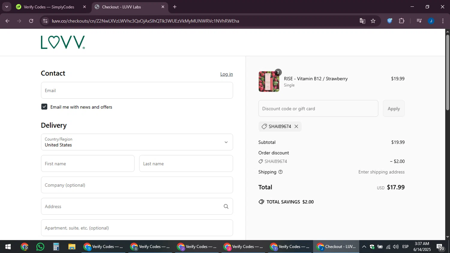 LUVV Labs discount code screenshot showing code SHAI89674 applied at LUVV Labs checkout page. Uploaded by SimplyCodes community member noesmith34ur on Jun 14, 2025