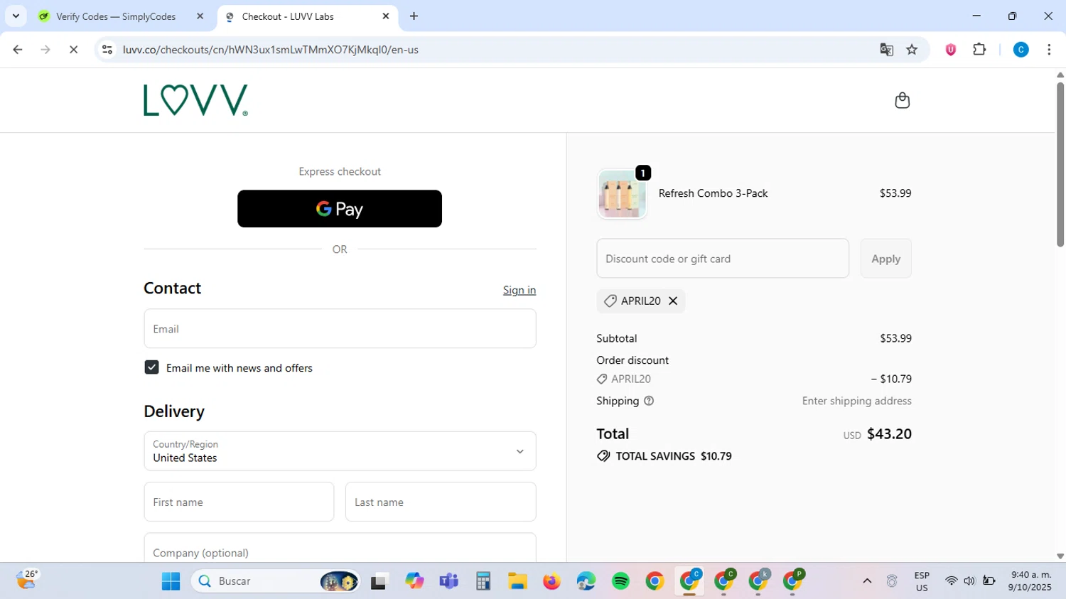 LUVV Labs discount code screenshot showing code APRIL20 applied at LUVV Labs checkout page. Uploaded by SimplyCodes community member ScanAce2966 on Oct 9, 2025