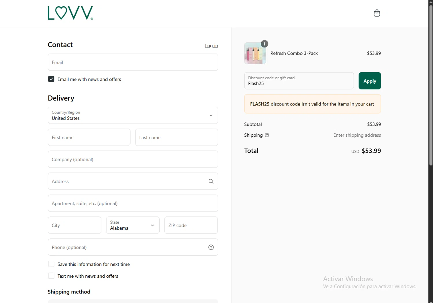 LUVV Labs discount code screenshot showing code Flash25 applied at LUVV Labs checkout page. Uploaded by SimplyCodes community member LegendaryCurator4133 on Aug 3, 2025