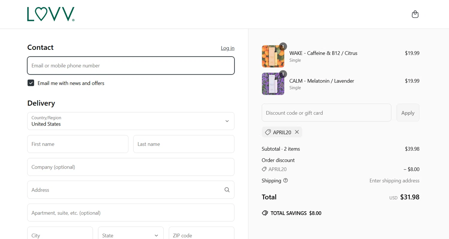 LUVV Labs discount code screenshot showing code APRIL20 applied at LUVV Labs checkout page. Uploaded by SimplyCodes community member CleverVirtuoso5654 on Apr 3, 2025