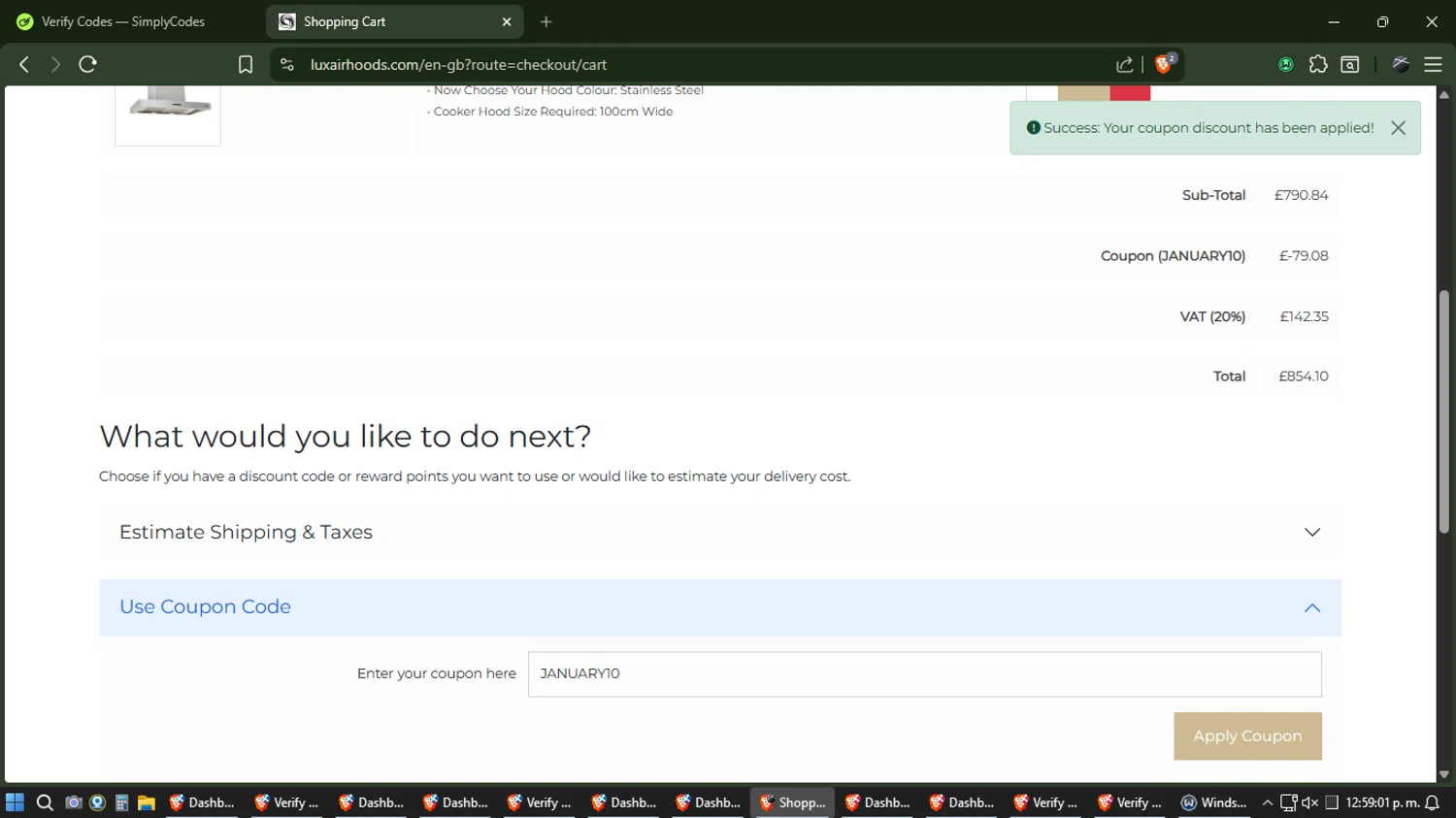Luxair Cooker Hoods checkout page showing Luxair Cooker Hoods promo code box | Screenshot taken by SimplyCodes community member on Jan 24, 2026