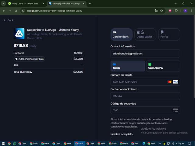 Lux Algo checkout page showing Lux Algo promo code box | Screenshot taken by SimplyCodes community member on Jul 4, 2025