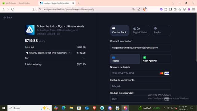 Lux Algo checkout page showing Lux Algo promo code box | Screenshot taken by SimplyCodes community member on Jun 26, 2025
