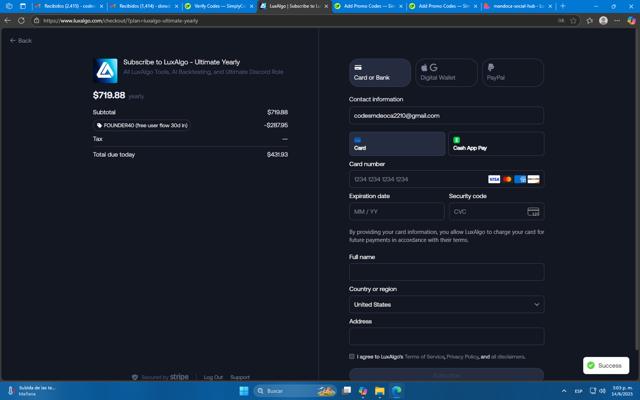Lux Algo checkout page showing Lux Algo promo code box | Screenshot taken by SimplyCodes community member on Jun 14, 2025