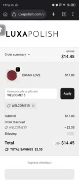 WELCOME15 coupon verification screenshot
