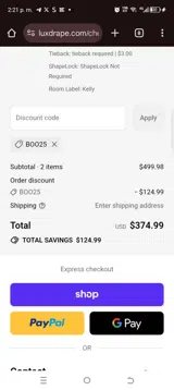 LUXDRAPE coupon verification screenshot
