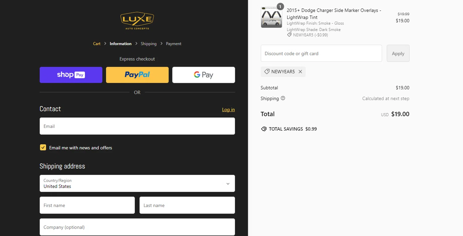 where to use Luxe Auto Concepts promo code box