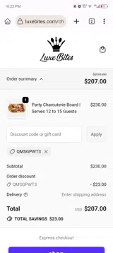 Luxe Bites coupon verification screenshot