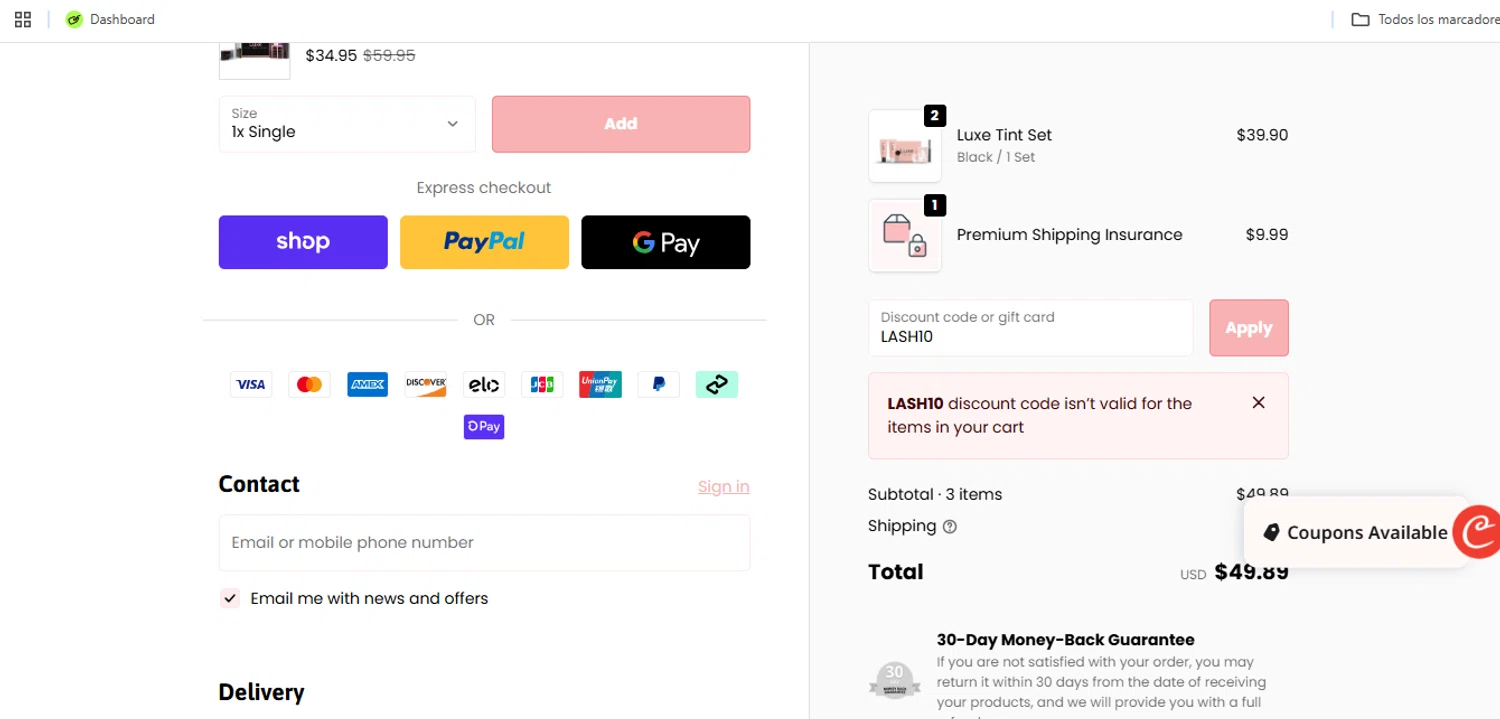 Luxe Cosmetics US promo code screenshot showing code LASH10 applied at Luxe Cosmetics US checkout page. Uploaded by SimplyCodes community member Speedy on Oct 2, 2025