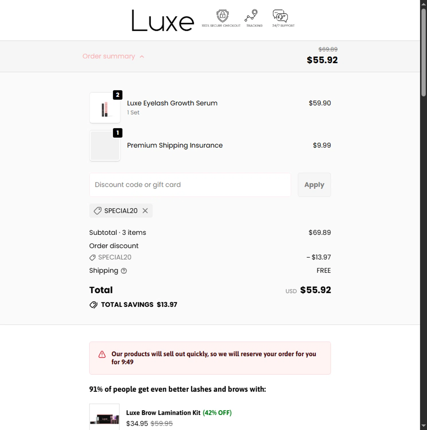 Luxe Cosmetics US promo code screenshot showing code SPECIAL20 applied at Luxe Cosmetics US checkout page. Uploaded by SimplyCodes community member PennyScholar504 on Oct 6, 2025