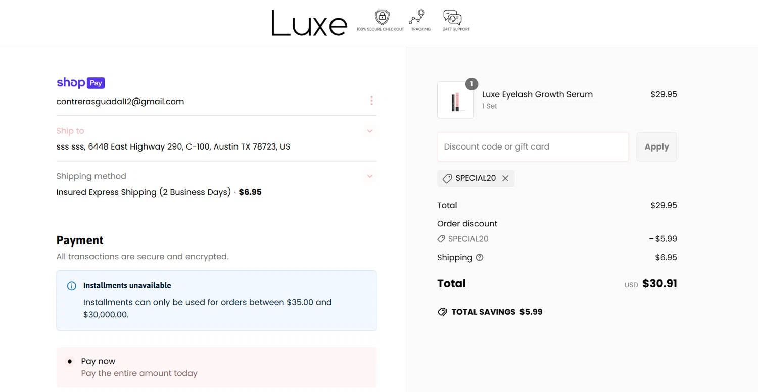 Luxe Cosmetics US promo code screenshot showing code SPECIAL20 applied at Luxe Cosmetics US checkout page. Uploaded by SimplyCodes community member EpicTiger3556 on Mar 20, 2025
