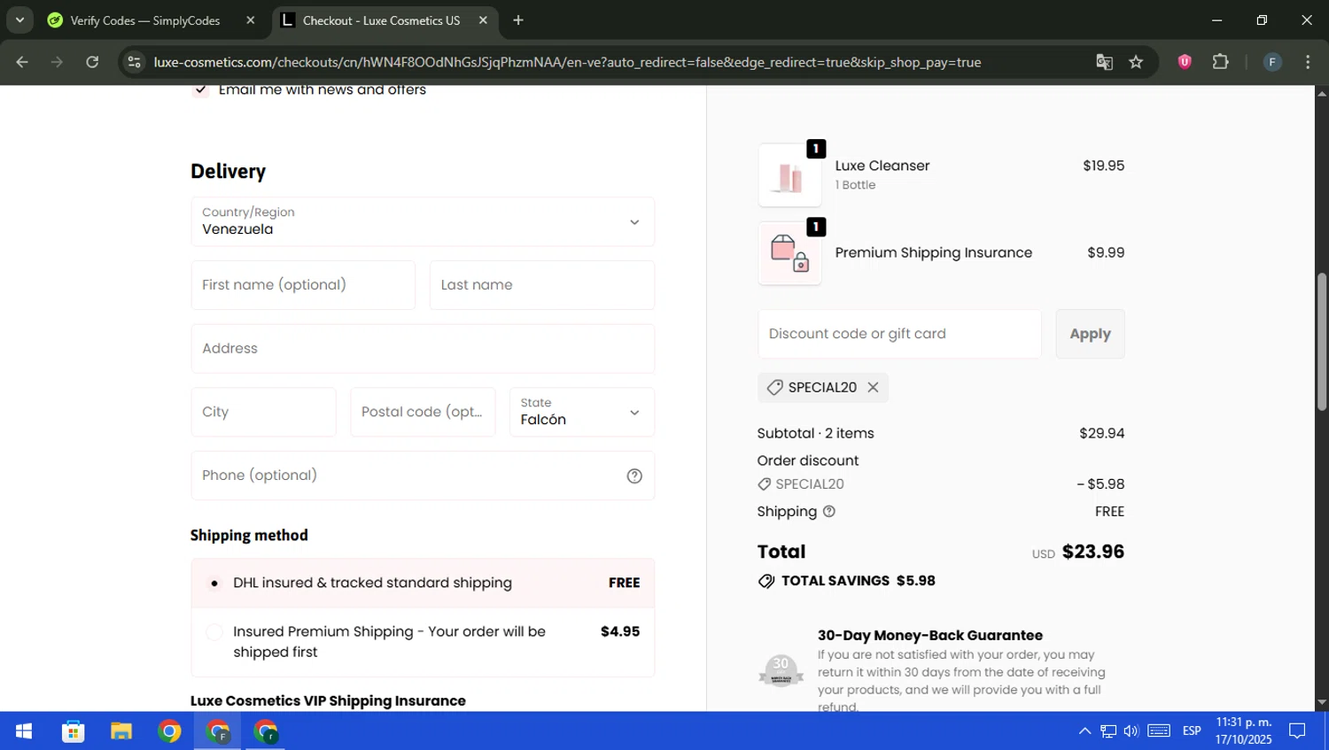Luxe Cosmetics US promo code screenshot showing code SPECIAL20 applied at Luxe Cosmetics US checkout page. Uploaded by SimplyCodes community member pajarito on Oct 18, 2025