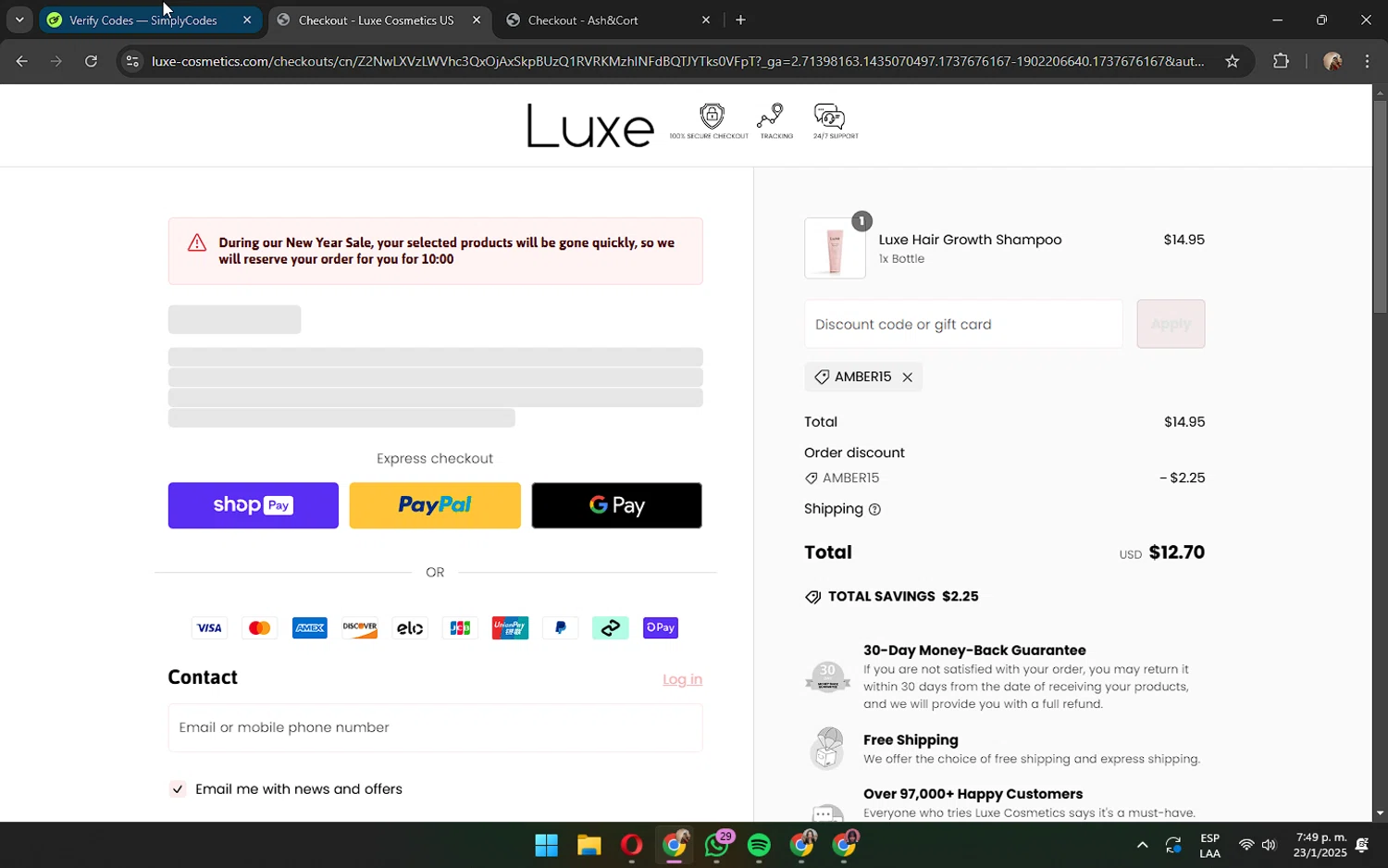 Luxe Cosmetics US promo code screenshot showing code AMBER15 applied at Luxe Cosmetics US checkout page. Uploaded by SimplyCodes community member JennaOrtega on Jan 23, 2025