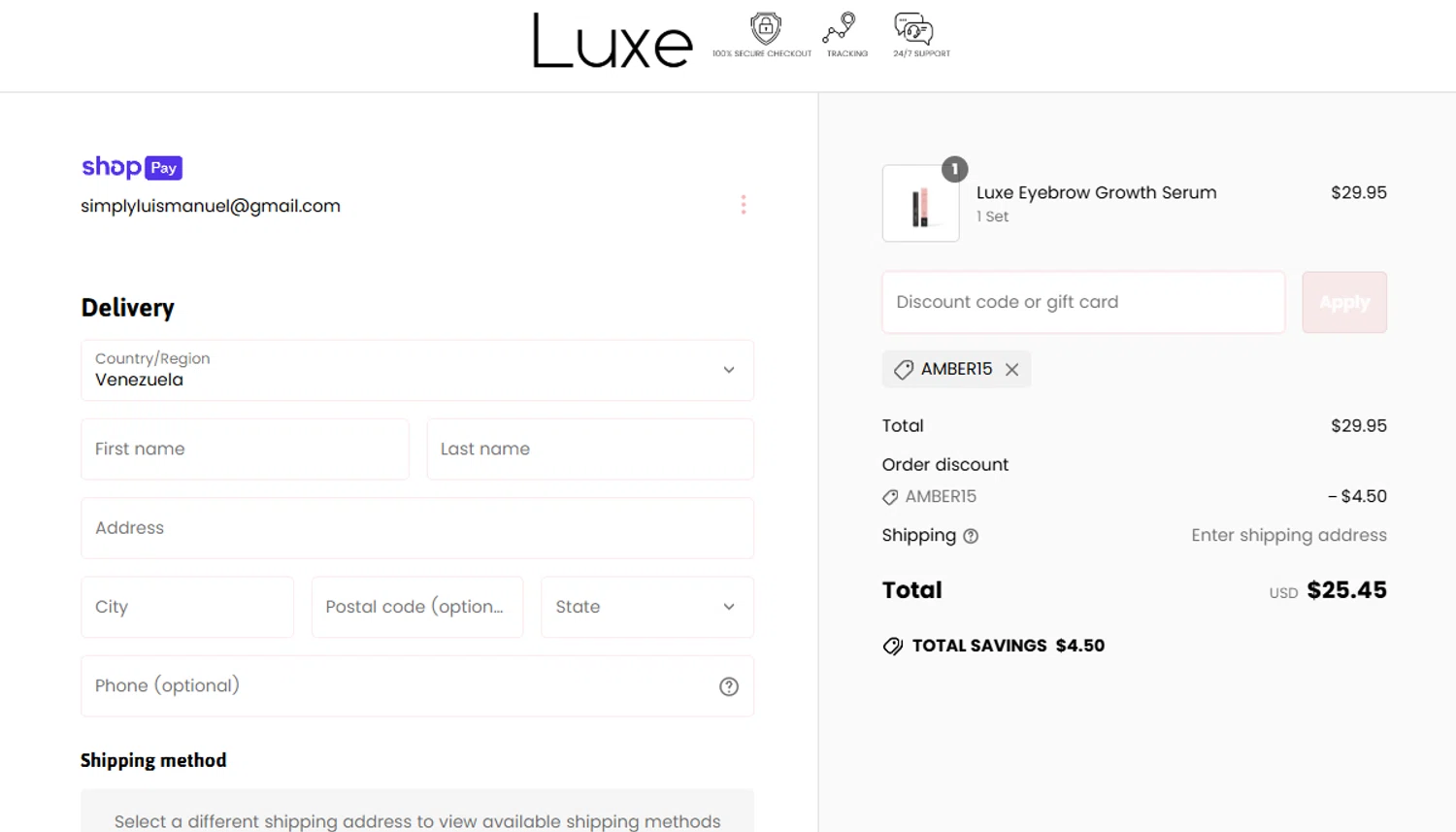 Luxe Cosmetics US promo code screenshot showing code AMBER15 applied at Luxe Cosmetics US checkout page. Uploaded by SimplyCodes community member MoneyScout2554 on Mar 25, 2025