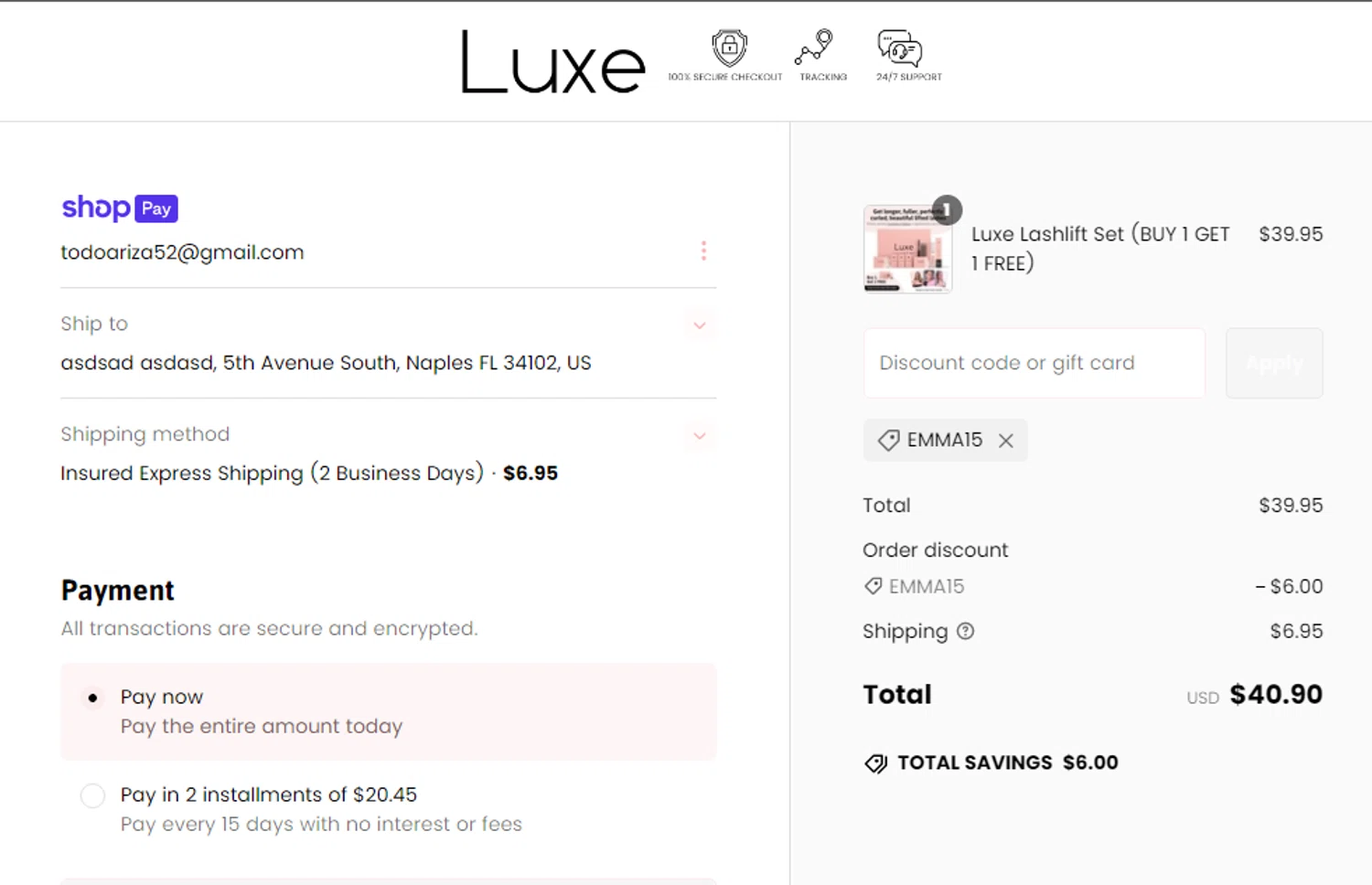 Luxe Cosmetics US promo code screenshot showing code emma15 applied at Luxe Cosmetics US checkout page. Uploaded by SimplyCodes community member Gabrielo2000 on Feb 20, 2025
