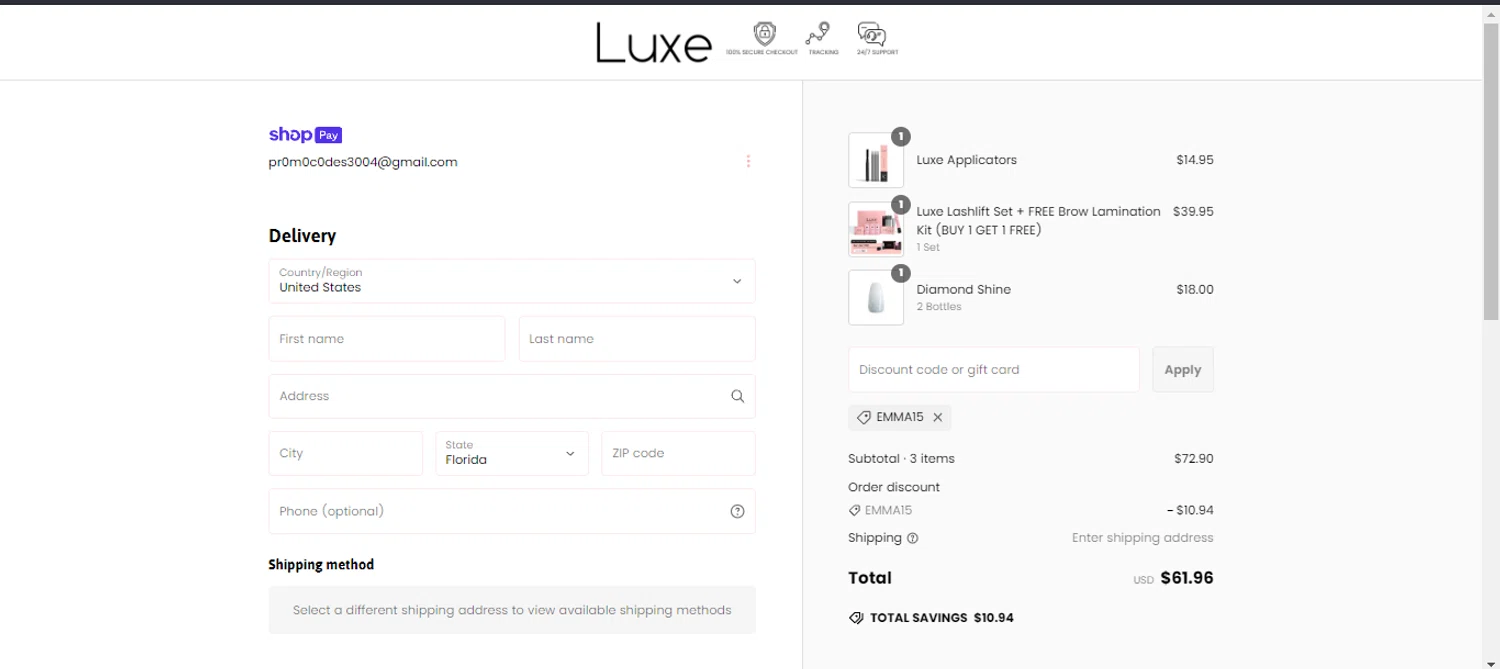 Luxe Cosmetics US promo code screenshot showing code emma15 applied at Luxe Cosmetics US checkout page. Uploaded by SimplyCodes community member JakePerrox on Feb 24, 2025