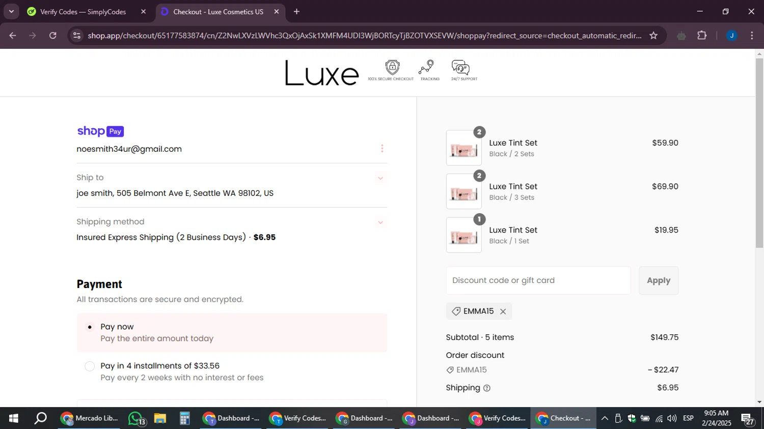 Luxe Cosmetics US promo code screenshot showing code emma15 applied at Luxe Cosmetics US checkout page. Uploaded by SimplyCodes community member noesmith34ur on Feb 24, 2025