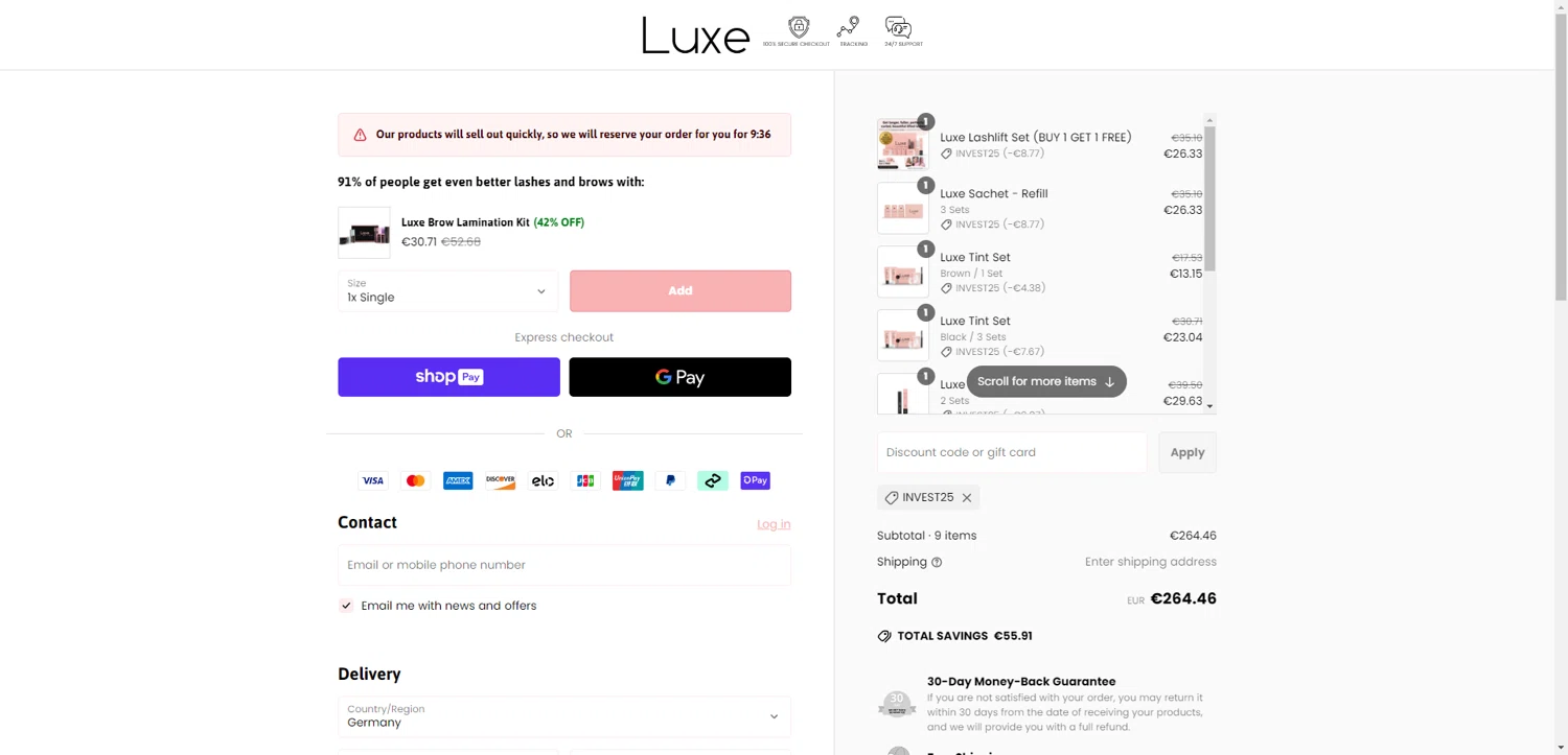 Luxe Cosmetics US promo code screenshot showing code INVEST25 applied at Luxe Cosmetics US checkout page. Uploaded by SimplyCodes community member PennyRanger8219 on Jun 15, 2025