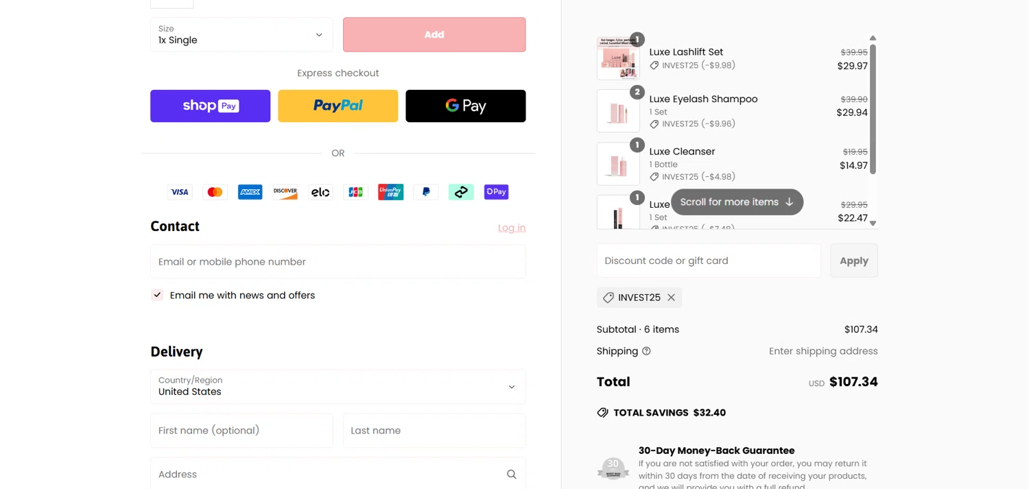 Luxe Cosmetics US promo code screenshot showing code INVEST25 applied at Luxe Cosmetics US checkout page. Uploaded by SimplyCodes community member HoneyJean on Jun 1, 2025