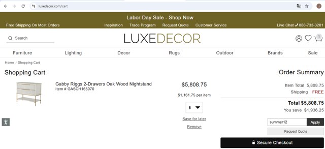 LuxeDecor checkout page showing LuxeDecor promo code box | Screenshot taken by SimplyCodes community member on Sep 1, 2025