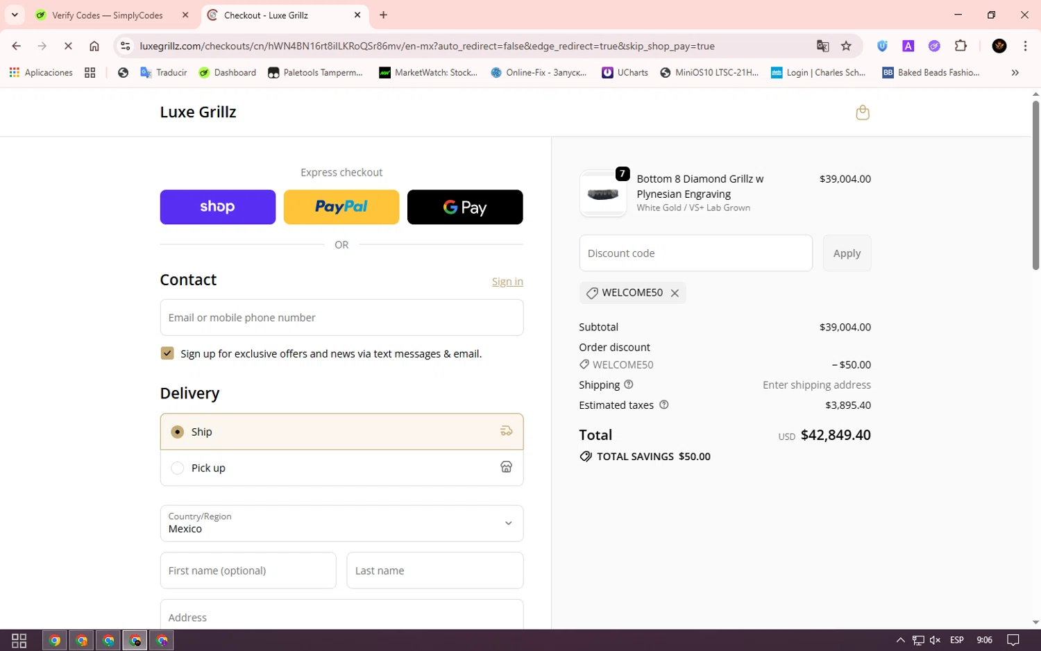 Luxe Grillz promo code screenshot showing code WELCOME50 applied at Luxe Grillz checkout page. Uploaded by SimplyCodes community member Alkelino74 on Oct 16, 2025
