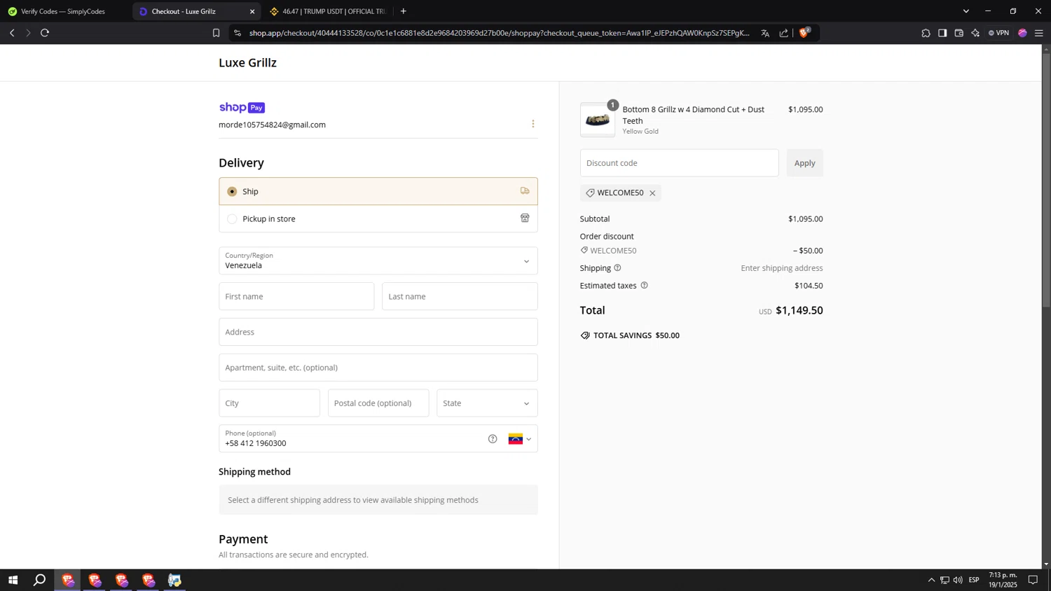 Luxe Grillz promo code screenshot showing code WELCOME50 applied at Luxe Grillz checkout page. Uploaded by SimplyCodes community member kkkkkkkkkkkkkkkkkkkk on Jan 19, 2025