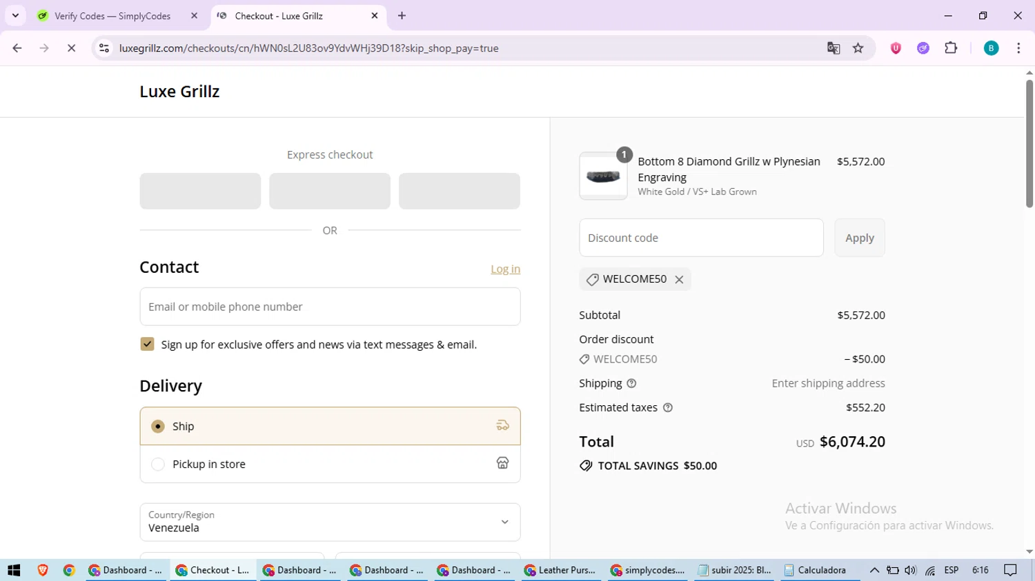 Luxe Grillz promo code screenshot showing code WELCOME50 applied at Luxe Grillz checkout page. Uploaded by SimplyCodes community member QuestScholar5572 on Jul 21, 2025