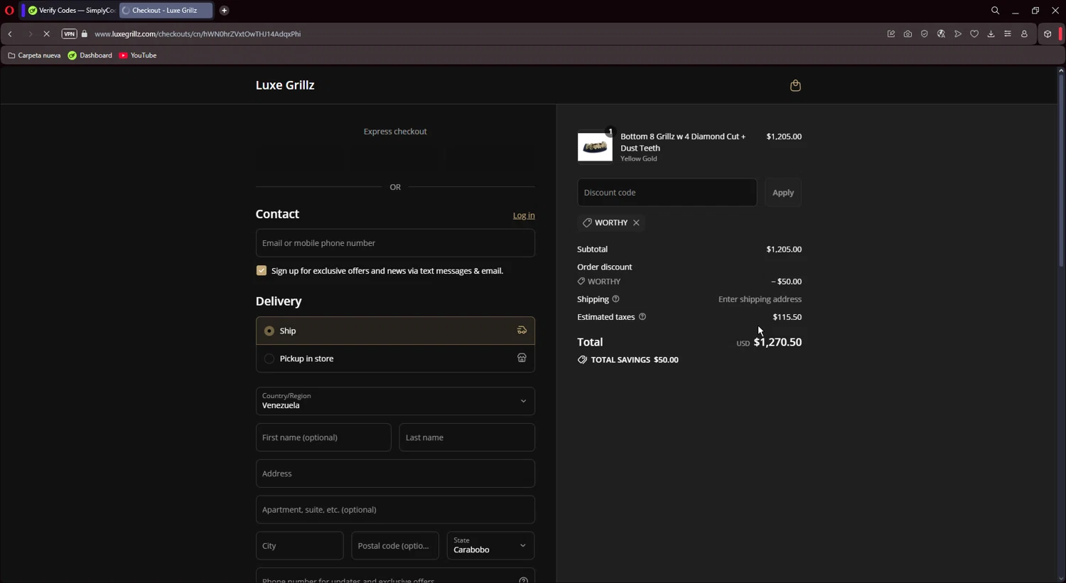 Luxe Grillz promo code screenshot showing code WORTHY applied at Luxe Grillz checkout page. Uploaded by SimplyCodes community member CoinMaestro864 on Jul 16, 2025