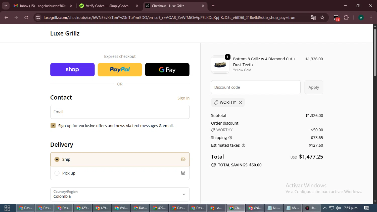 Luxe Grillz promo code screenshot showing code WORTHY applied at Luxe Grillz checkout page. Uploaded by SimplyCodes community member LegendaryFalcon6699 on Nov 26, 2025