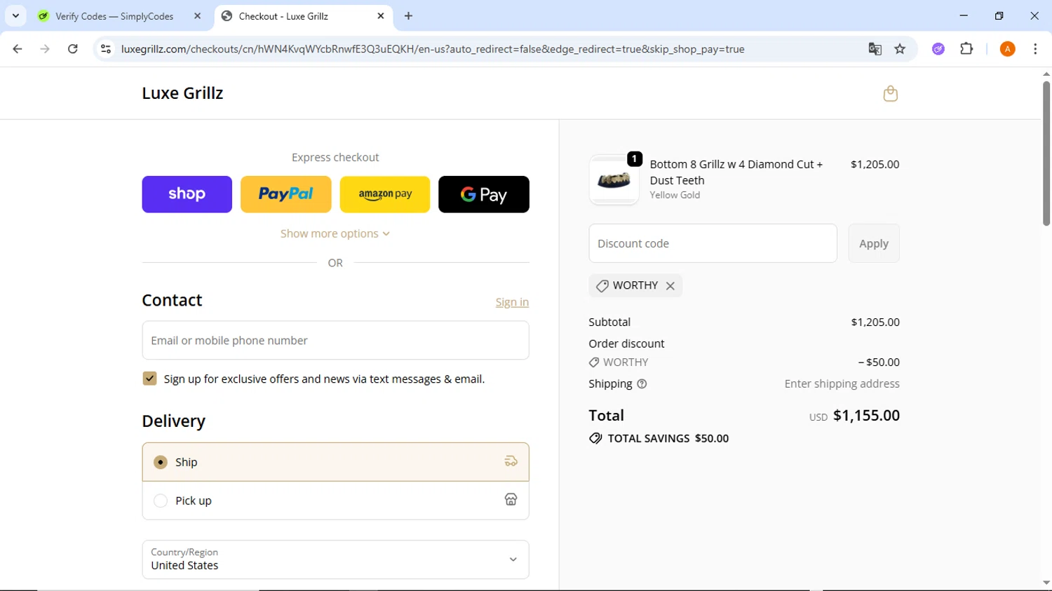 Luxe Grillz promo code screenshot showing code WORTHY applied at Luxe Grillz checkout page. Uploaded by SimplyCodes community member ThriftyMaverick437 on Oct 20, 2025