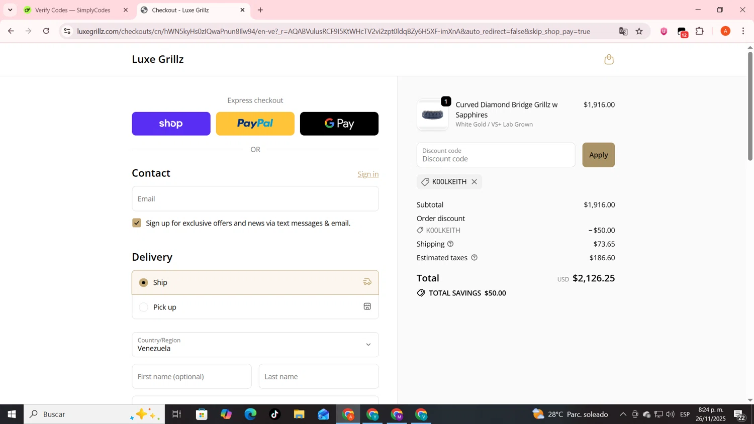 Luxe Grillz promo code screenshot showing code K00LKEITH applied at Luxe Grillz checkout page. Uploaded by SimplyCodes community member FrugalSentinel6206 on Nov 27, 2025