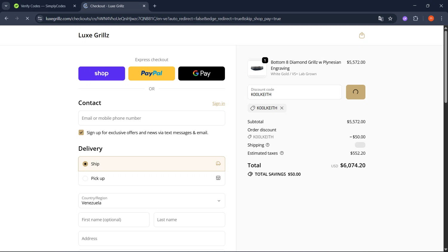 Luxe Grillz promo code screenshot showing code K00LKEITH applied at Luxe Grillz checkout page. Uploaded by SimplyCodes community member PromoMonarch895 on Oct 25, 2025