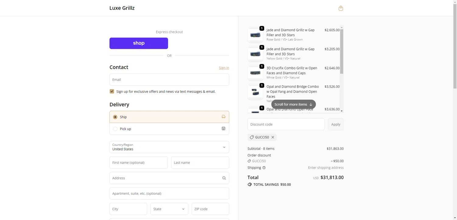 Luxe Grillz promo code screenshot showing code GUCCI50 applied at Luxe Grillz checkout page. Uploaded by SimplyCodes community member SwiftCurator4059 on Jan 28, 2026