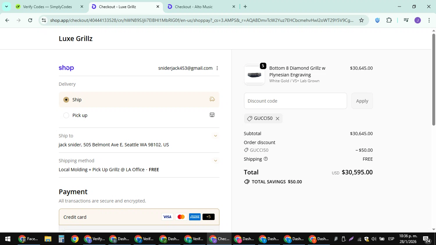 Luxe Grillz promo code screenshot showing code GUCCI50 applied at Luxe Grillz checkout page. Uploaded by SimplyCodes community member sniderjack453 on Jan 29, 2026