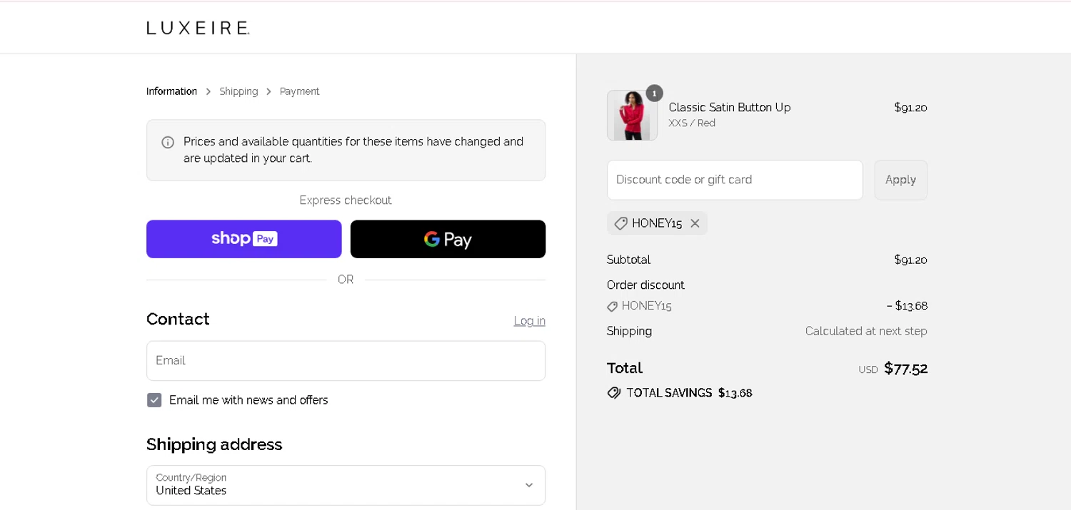 Luxeire discount code screenshot showing code HONEY15 applied at Luxeire checkout page. Uploaded by SimplyCodes community member MagnificentCurator5441 on Jul 27, 2025