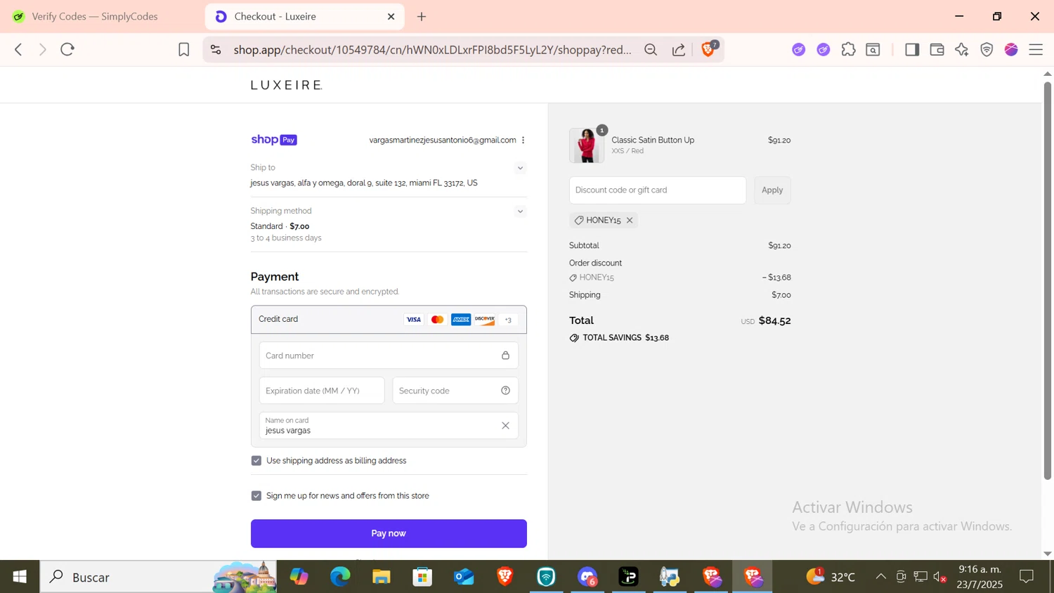 Luxeire discount code screenshot showing code HONEY15 applied at Luxeire checkout page. Uploaded by SimplyCodes community member CODMOBILE1 on Jul 23, 2025