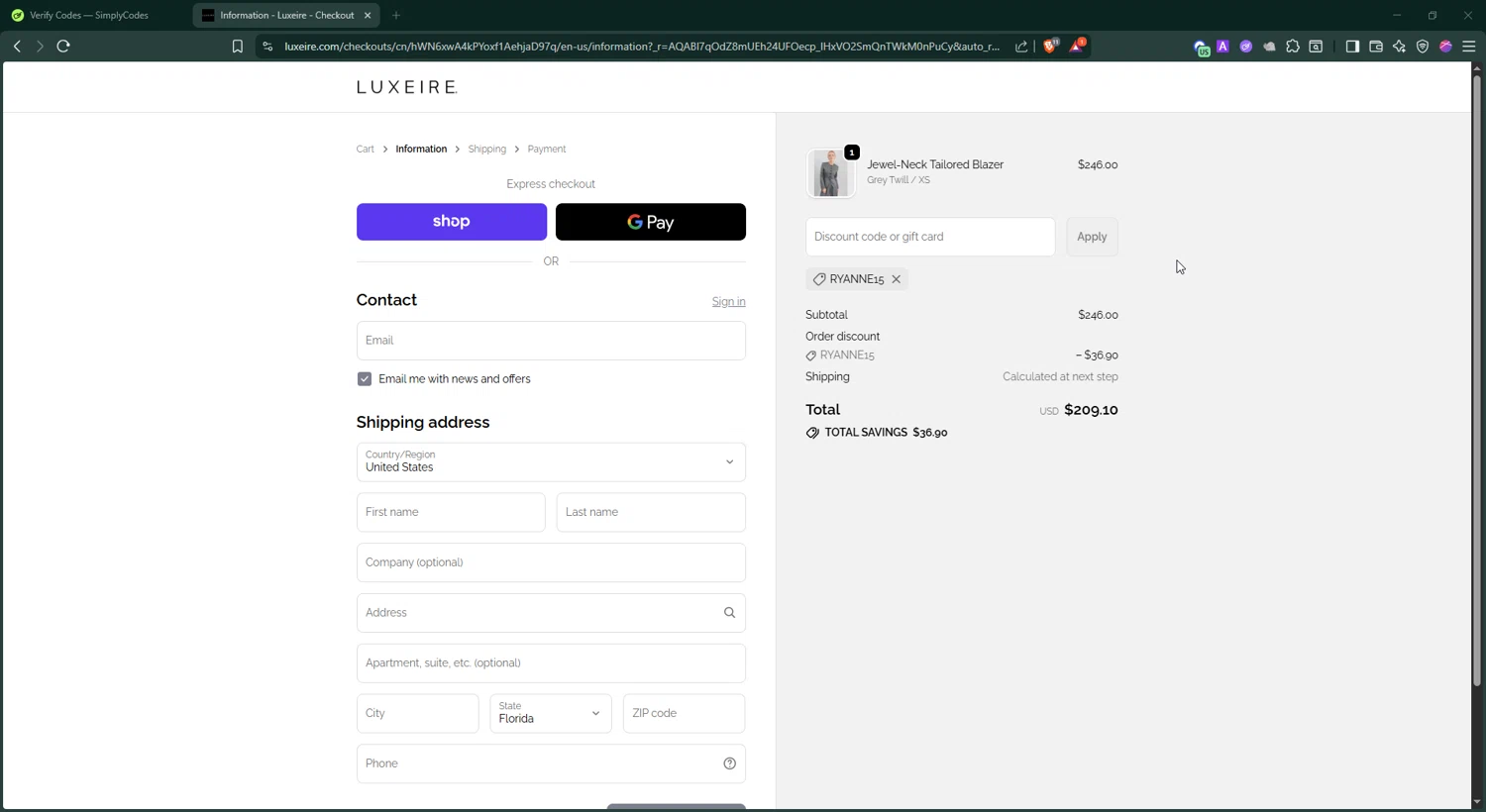 Luxeire discount code screenshot showing code RYANNE15 applied at Luxeire checkout page. Uploaded by SimplyCodes community member BonusShopper4099 on Dec 28, 2025