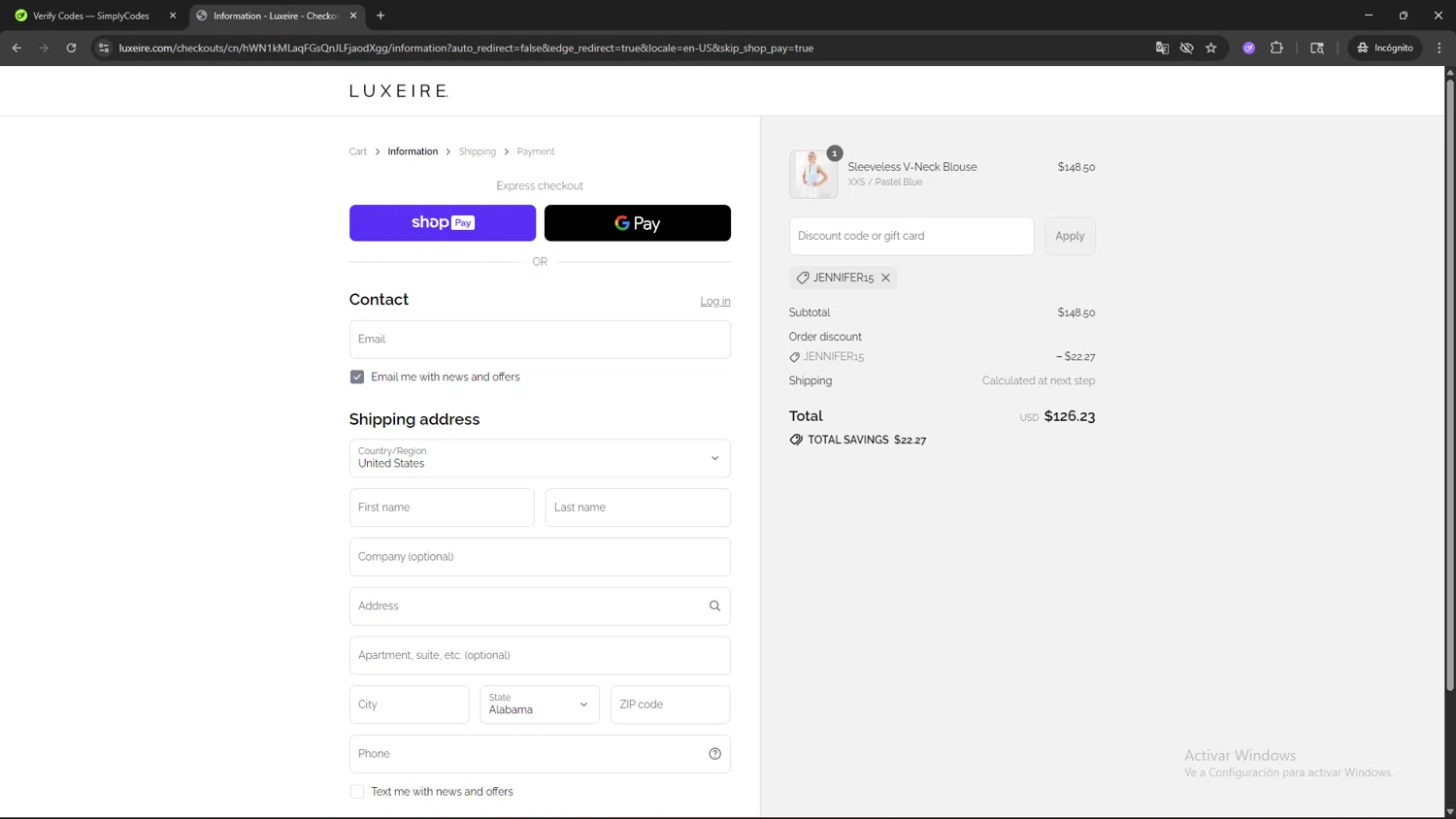 Luxeire discount code screenshot showing code JENNIFER15 applied at Luxeire checkout page. Uploaded by SimplyCodes community member AVAMUSTANG on Aug 13, 2025