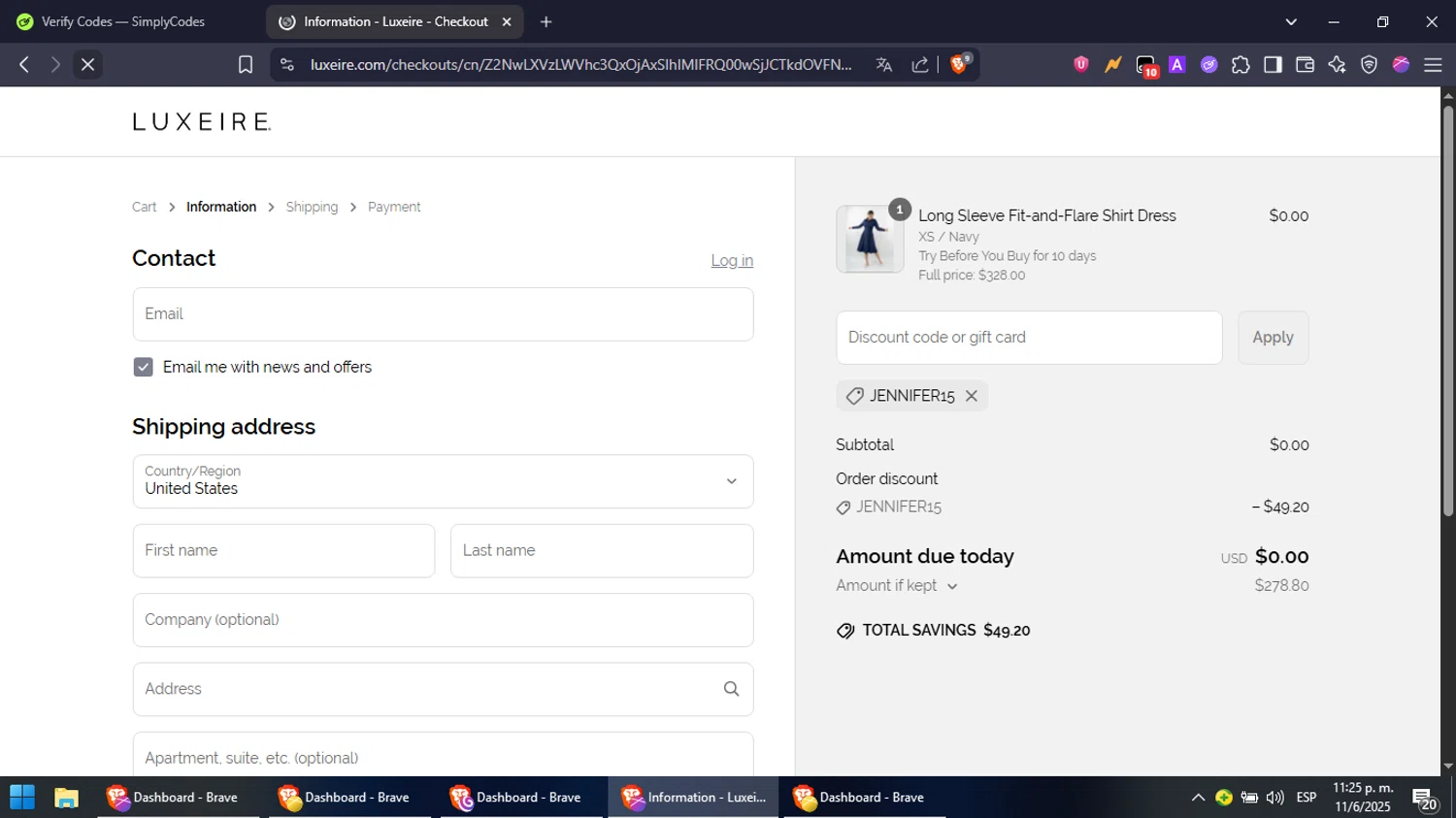Luxeire discount code screenshot showing code JENNIFER15 applied at Luxeire checkout page. Uploaded by SimplyCodes community member NobleFox488 on Jun 12, 2025