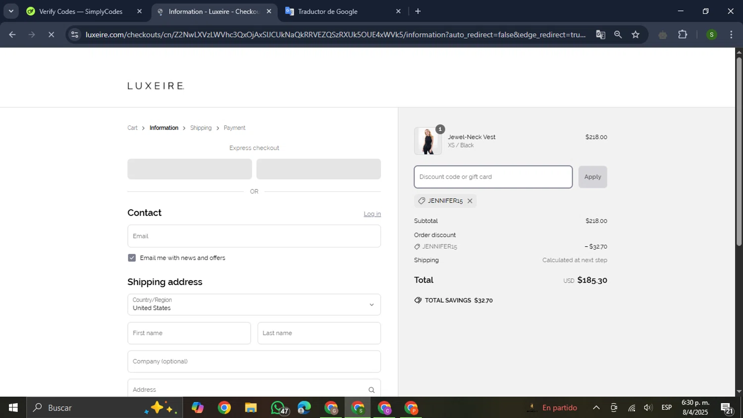 Luxeire discount code screenshot showing code JENNIFER15 applied at Luxeire checkout page. Uploaded by SimplyCodes community member RewardMaverick445 on Apr 8, 2025