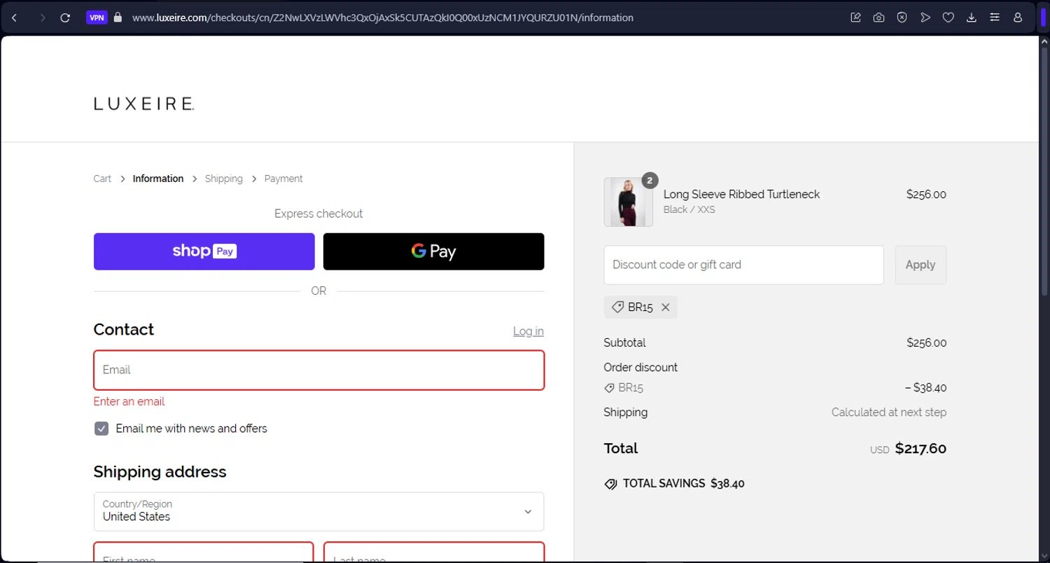 Luxeire discount code screenshot showing code BR15 applied at Luxeire checkout page. Uploaded by SimplyCodes community member Mr_fran on Mar 2, 2025