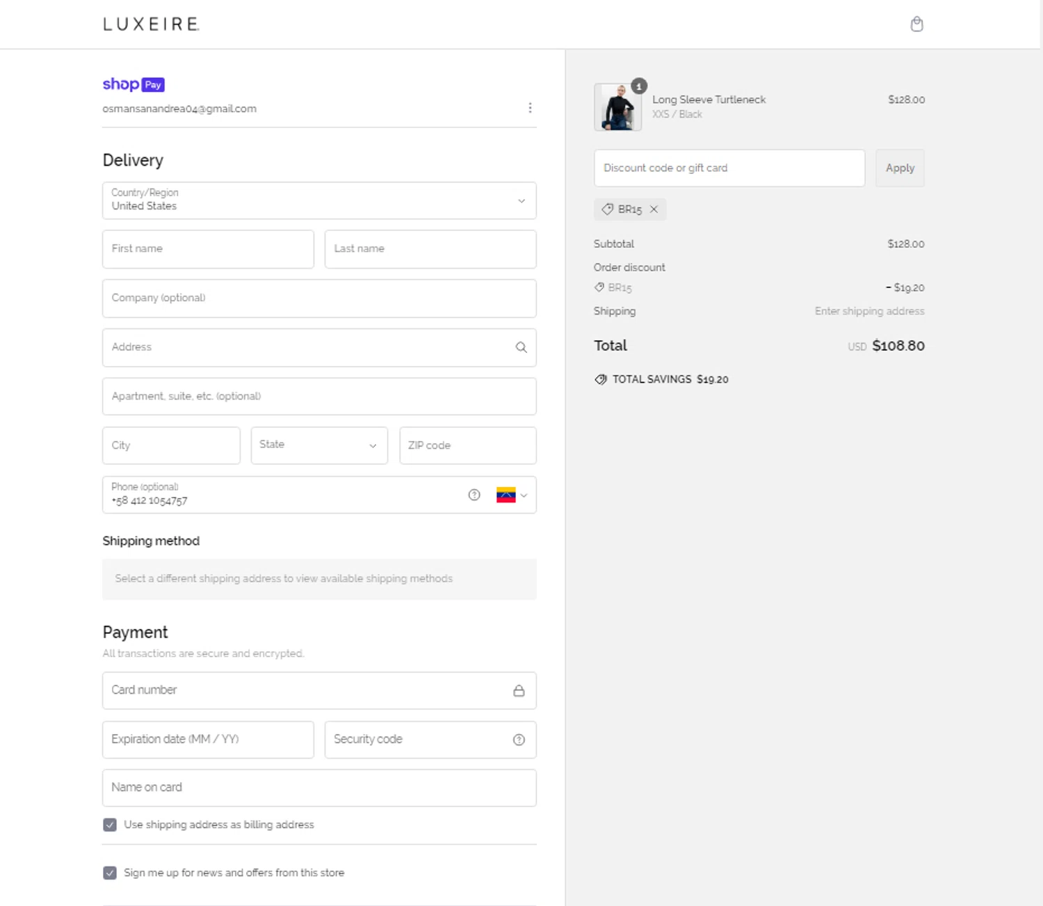 Luxeire discount code screenshot showing code BR15 applied at Luxeire checkout page. Uploaded by SimplyCodes community member elchino08 on Feb 6, 2025