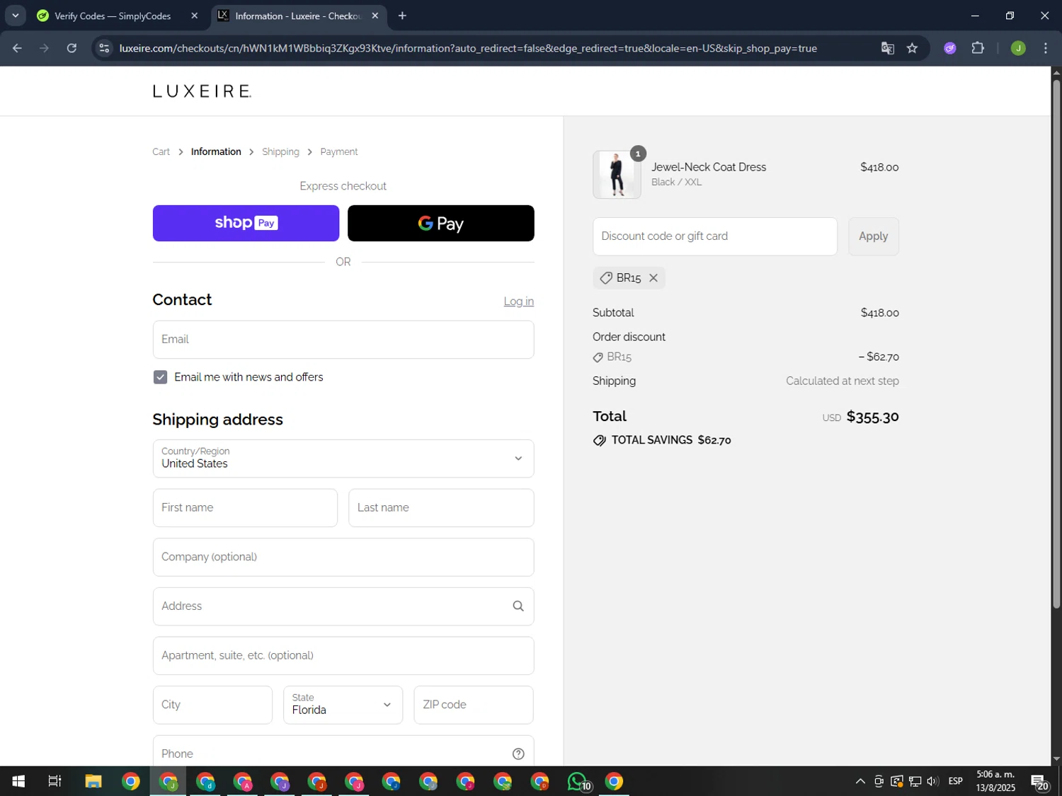 Luxeire discount code screenshot showing code BR15 applied at Luxeire checkout page. Uploaded by SimplyCodes community member MightyFinder1041 on Aug 13, 2025