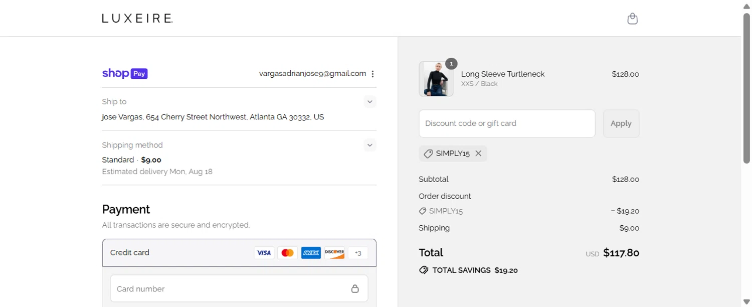 Luxeire discount code screenshot showing code SIMPLY15 applied at Luxeire checkout page. Uploaded by SimplyCodes community member Rossimar on Aug 13, 2025