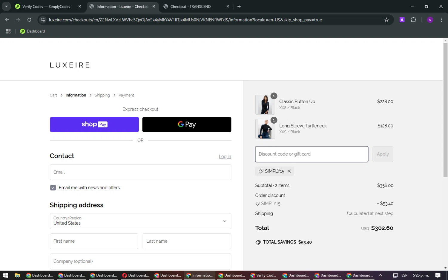 Luxeire discount code screenshot showing code SIMPLY15 applied at Luxeire checkout page. Uploaded by SimplyCodes community member FrugalLegend5728 on Feb 26, 2025
